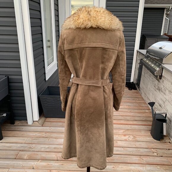 Vintage 70s Sears Suede Penny Lane Coat Faux Fur Collar Lined Belted Overcoat - Picture 4 of 16